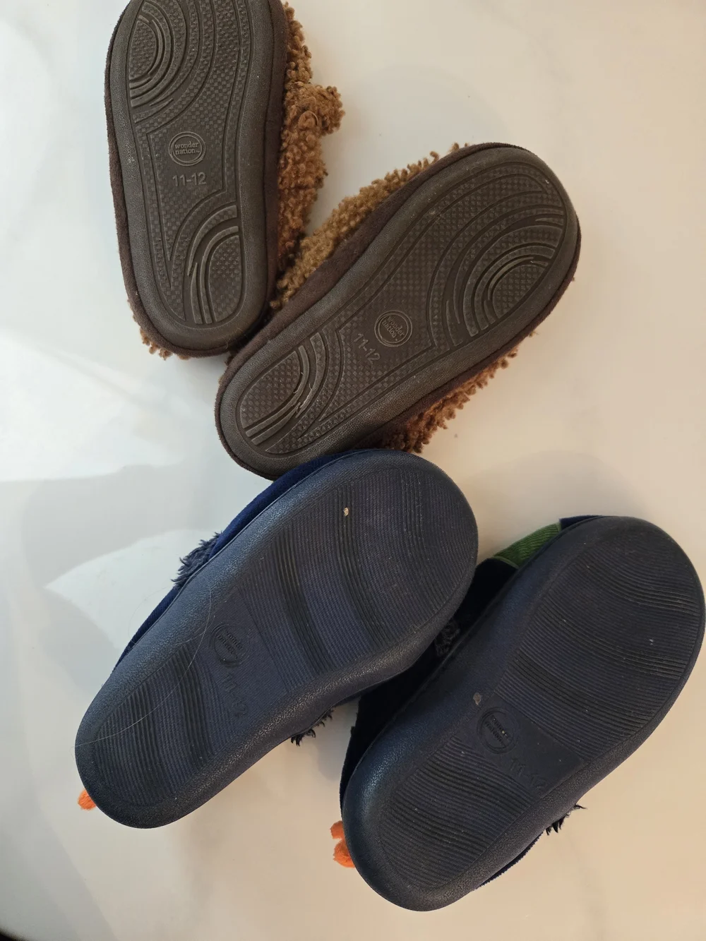 Kids Size 11/12 Brown Bear & Navy Dino Slippers - Plush Indoor Shoes